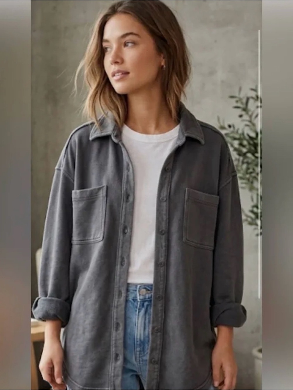 Aerie Charcoal Gray Button-Front Oversized Shacket with Patch Pockets Size XS